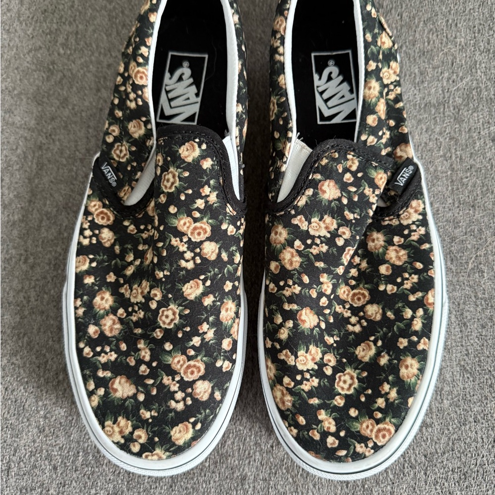 Vans Black and Cream Slip-On Sneakers